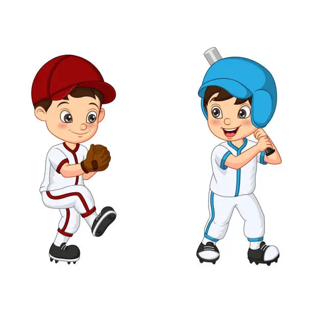 Vector illustration of Happy two kids playing baseball