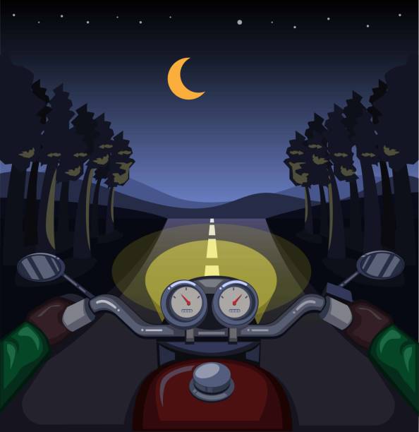 ilustrações, clipart, desenhos animados e ícones de pilotando motocicleta em noite de floresta, piloto vê conceito de cena de painel em vetor de ilustração de desenho animado - motorcycle handlebar road riding