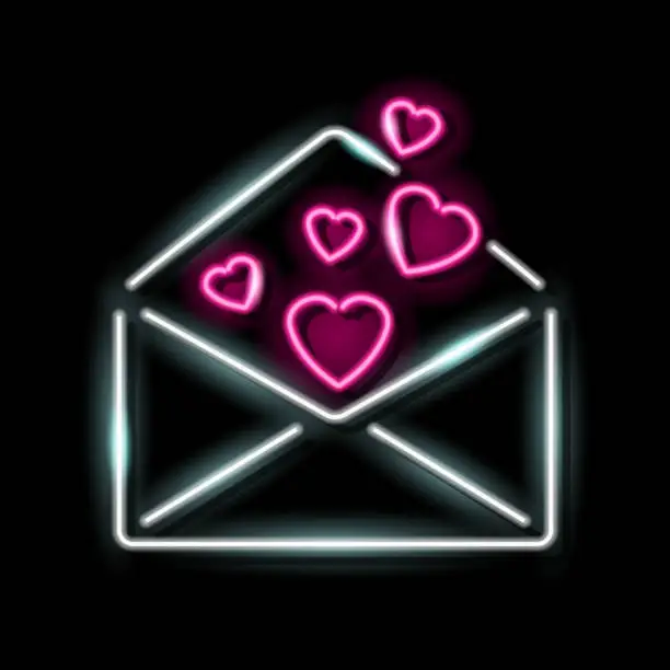 Vector illustration of Neon icon of open envelop with loving hearts inside isolated on black background. Love letter, St. Valentine Day, mail concept. Vector illustration.