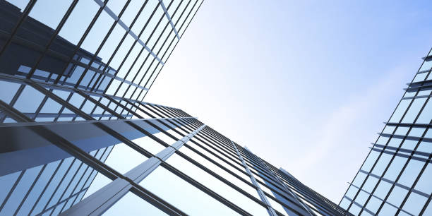 istock Low angle view of futuristic architecture, Skyscraper office building with cloud reflected on window, 3D rendering. 1296260485