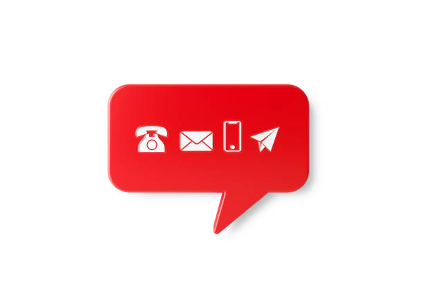 Red chat bubble with various white contact us symbols on white background. Horizontal composition with copy space. Contact us, call center concept.
