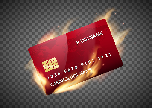 Plastic credit card is on fire. Template isolated on a transparent background. Vector illustration.