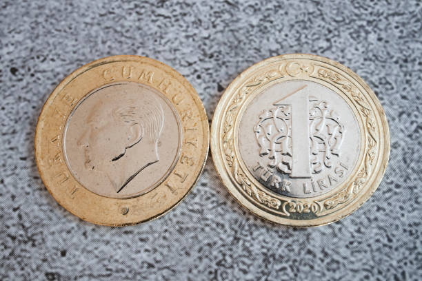 istock Close up Turkish one lira coins on grey background 1296270208
