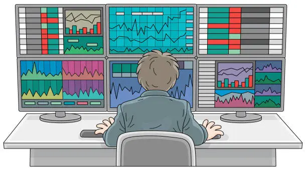 Vector illustration of Dealer watching monitors at an exchange