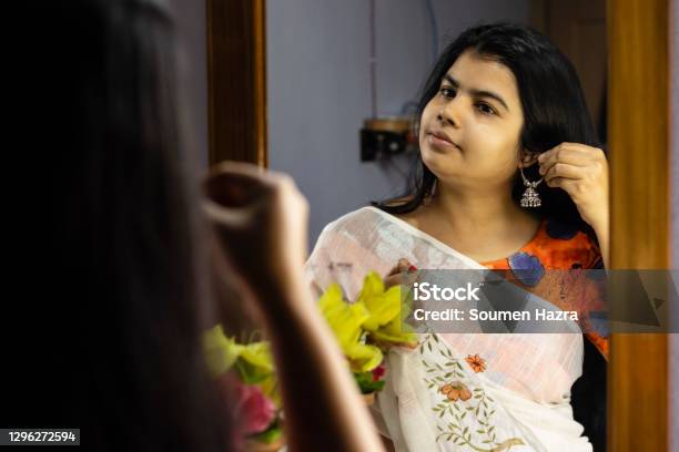 Indian Woman In Front Of Mirror Stock Photo - Download Image Now - 30-39 Years, 35-39 Years, Adult