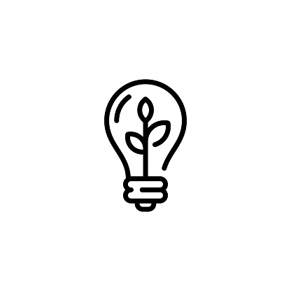 Vector lightbulb with plant icon template. Creative environmental symbol with leaf. Recycle ecosystem solution concept. Line illustration of eco energy bulb