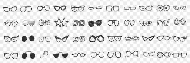 Various stylish sunglasses doodle set Various stylish sunglasses doodle set. Collection of hand drawn stylish sunglasses personal accessories for wearing on sun isolated on transparent background. Illustration of fashion belongings eyeglasses stock illustrations