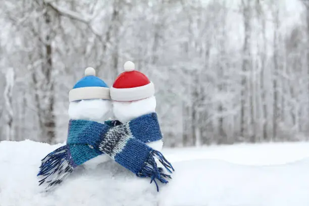 two snowmen in red and blue hats, wrapped in a knitted scarf against the background of a winter landscape