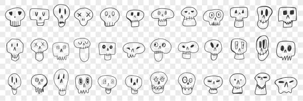 Various skull faces doodle set Various skull faces doodle set. Collection of hand drawn spooky skulls faces of different shapes and expressions isolated on transparent background. Illustration of skulls for kids cartoon of painted skull faces stock illustrations