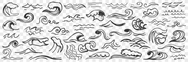 ilustraciones, imágenes clip art, dibujos animados e iconos de stock de olas de mar en el conjunto de garóditos superficiales de agua - wave sea storm water