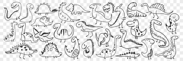 Funny dinosaurs animals doodle set Funny dinosaurs doodle set. Collection of hand drawn funny cute dinosaur of various shapes and ages enjoying life feeling happy isolated on transparent background. Illustration of dinosaur for kids dinosaur drawing stock illustrations