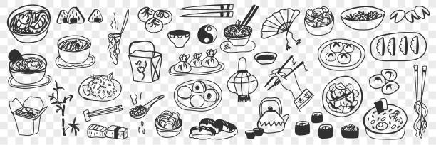 ilustraciones, imágenes clip art, dibujos animados e iconos de stock de varios platos japoneses y chinos conjunto de garóculas - sushi cartoon food wallpaper pattern