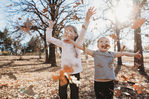 Children enjoy playing in leaf pile outdoors on beautiful Autumn day