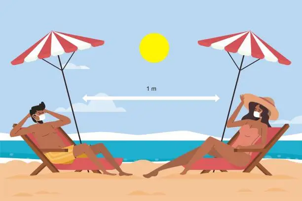 Vector illustration of Couple on the beach at tropical resort new normal concept. Vector illustration of woman and man in underwear with mask. People sunbathing in beach chair. People on summer vacation.