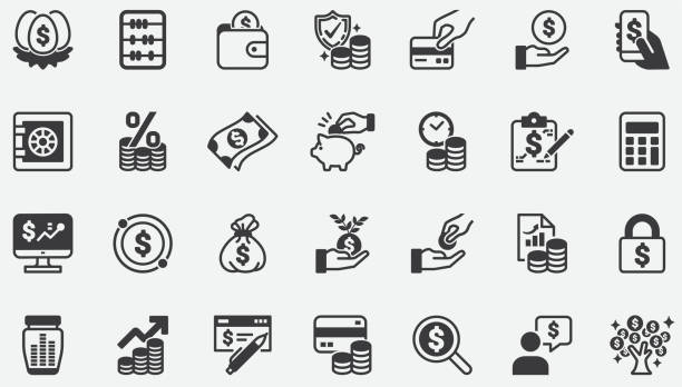 ilustraciones, imágenes clip art, dibujos animados e iconos de stock de iconos del concepto de ingresos monetarios - salary