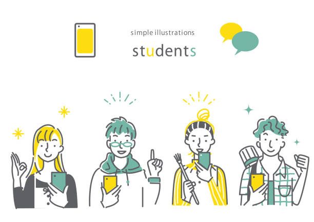 スマートフォン、シンプルでスタイリッシュなイラストを持つ若い学生 - four people illustrations点のイラスト素材／クリップアート素材／マンガ素材／アイコン素材