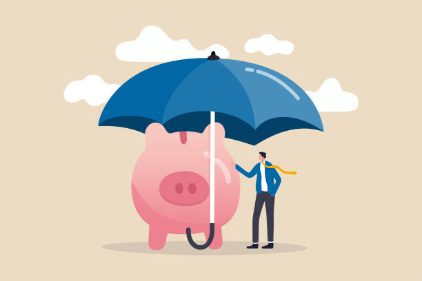 Insurance and finance saving protection in economy crisis, safety investment or all weather portfolio concept, confidence businessman investor with his piggy bank safety money covered by big umbrella. Insurance and finance saving protection in economy crisis, safety investment or all weather portfolio concept, confidence businessman investor with his piggy bank safety money covered by big umbrella. recession protection stock illustrations