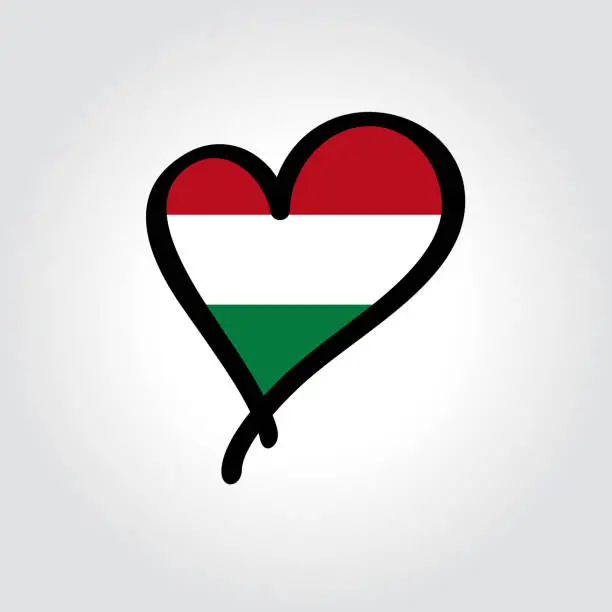 Vector illustration of Hungarian flag heart-shaped hand drawn logo. Vector illustration.