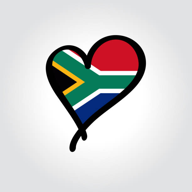 südafrikanische flagge herzförmige handgezeichnete logo. vektor-illustration. - south africa flag africa south african flag stock-grafiken, -clipart, -cartoons und -symbole