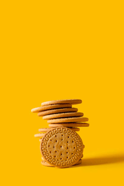 istock Marie biscuits stuck on bright yellow background. Modern cookies concept. 1296285646