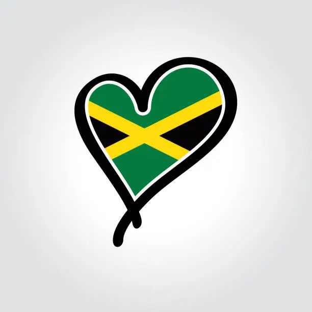 Vector illustration of Jamaican flag heart-shaped hand drawn logo. Vector illustration.
