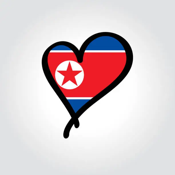 Vector illustration of North Korean flag heart-shaped hand drawn logo. Vector illustration.