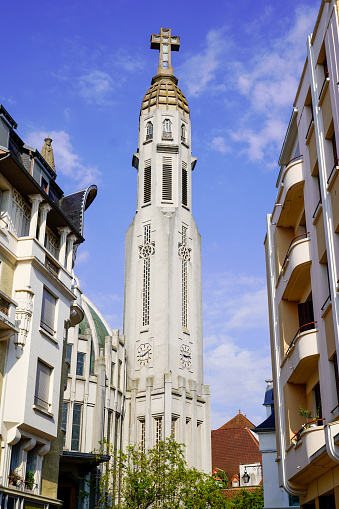 dome and bell tower of the Art Deco style Church Saint-Blaise in Vichy city France