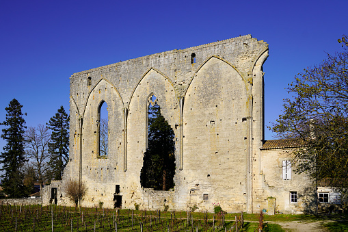 Saint Emilion church ruins wine village in historic principal red wine areas of Bordeaux in France