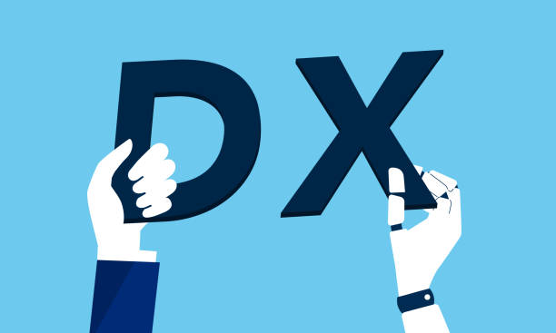 ビジネスパーソンとロボットを保持する文字"dx"、青の背景、ベクトルのイラスト - dx点のイラスト素材／クリップアート素材／マンガ素材／アイコン素材
