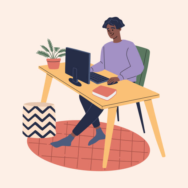 ilustrações de stock, clip art, desenhos animados e ícones de young man working at home office with laptop - home office