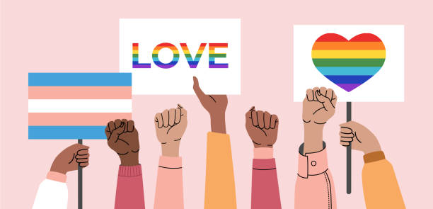 A crowd of people holding lgbt posters, transgender and rainbows A crowd of people holding lgbt posters, transgender and rainbows at a gay parade. Human rights, discrimination banner. Lgbtq symbol. Vector illustration in cartoon style on isolated pink background. gay pride stock illustrations