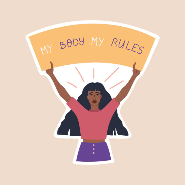 Sticker of black skin girl holding a poster with the slogan my body my rules Sticker of black skin girl holding a poster with the slogan my body my rules, activist feminist for girls rights. Body positive woman and modern lettering, vector illustration in flat cartoon style reproductive rights stock illustrations
