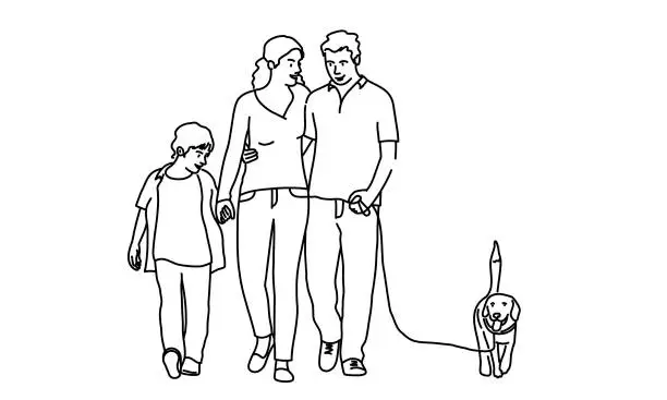 Vector illustration of Happy mother, father, son walking the dog.