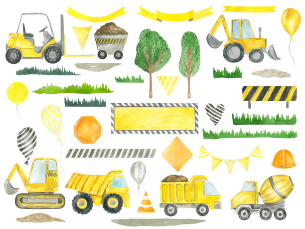 istock Construction clipart trucks, road signs, balloons, ribbons, trees children's collection for birthday party decoration Watercolor hand painted kids design 1296295118