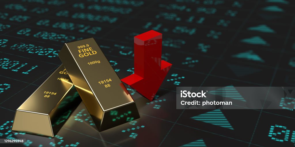 Goldbarren mit rotem Pfeil nach unten im Finanzdiagramm. - Lizenzfrei Gold - Edelmetall Stock-Foto