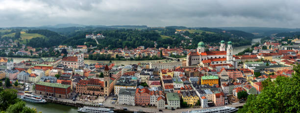 panoramic view over the historic city of passau, bavaria, germany - inn history built structure architecture imagens e fotografias de stock