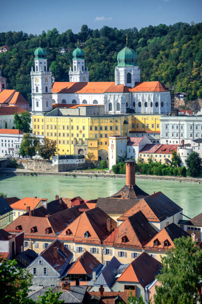 panoramic view over the historic city of passau, bavaria, germany - inn history built structure architecture imagens e fotografias de stock