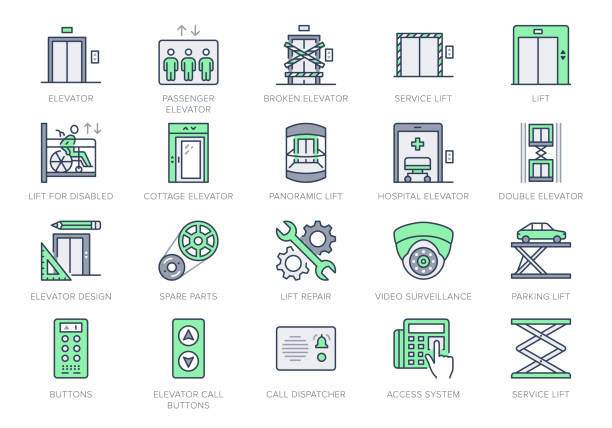 Elevator line icons. Vector illustration included icon - service lift, parking, disabled cabin, security camera, access buttons outline pictogram. 64x64 Green Color Editable Stroke Elevator line icons. Vector illustration included icon - service lift, parking, disabled cabin, security camera, access buttons outline pictogram. 64x64 Green Color Editable Stroke. car door panels stock illustrations