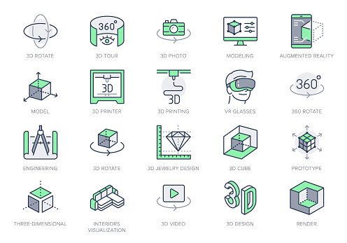 3d vr design line icons. Vector illustration included icon - virtual augmented reality, glasses, ar simulator, printer, prototype outline pictogram for ar. 64x64 Green Color Editable Stroke.