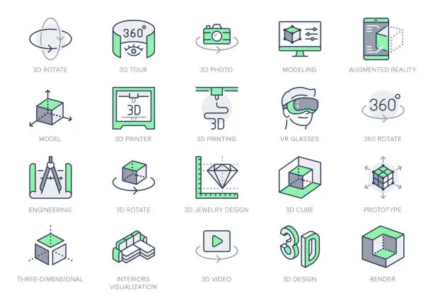 Vector illustration of 3d vr design line icons. Vector illustration included icon - virtual augmented reality, glasses, ar simulator, printer, prototype outline pictogram for ar. 64x64 Green Color Editable Stroke