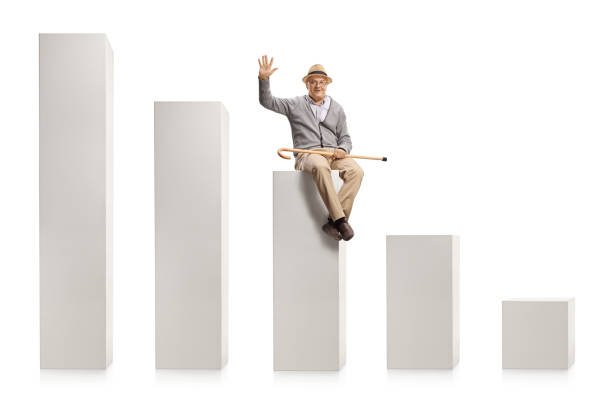istock Elderly man sitting on a column from a chart and greeting with hand 1296298360