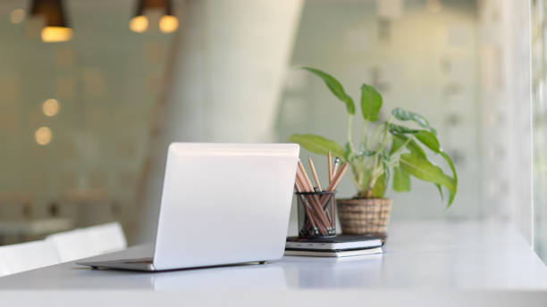 istock Portable workspace with laptop, stationery and plant pot on the table in co-working space 1296298376