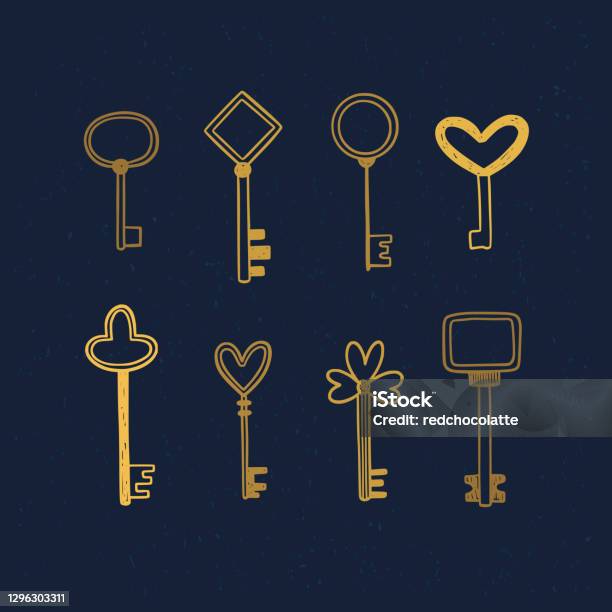 Pretty Key Vector Cute Hand Drawn Vector Keys On Dark Background Yellow Keys Vector Set ...