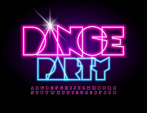 Vector creative poster Dance Party. Glowing light Alphabet Letters and Numbers set Abstract Neon Font dance logo stock illustrations