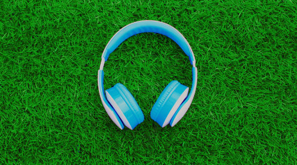 istock Close up blue wireless headphones on a green background, top view 1296304280