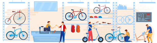 Bicycle bike store vector illustration, cartoon flat buyers shoppers people choosing cycles, accessories or equipment at bike shop Bicycle bike store vector illustration. Cartoon flat buyers shoppers people choosing cycles, accessories or gear equipment for riding to buy at bike shop or shopping mall room interior background bicycle shop stock illustrations