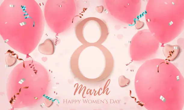 Vector illustration of 8 march, womens day pink background with candy hearts, balloons, konfetti and ribbons. Greeting card, brochure or banner template. Vector illustration.