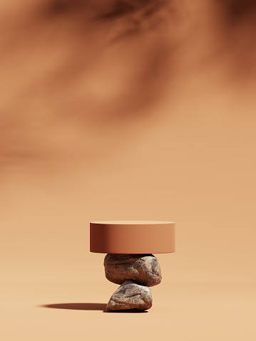 Exhibición de podio 3D en beige nude, fondo con piedra. Cosmético marrón, cosmético de belleza promoción de roca pedestal con sombra de árbol.  Escaparate natural. Resumen minimalista estudio 3D render para publicidad photo