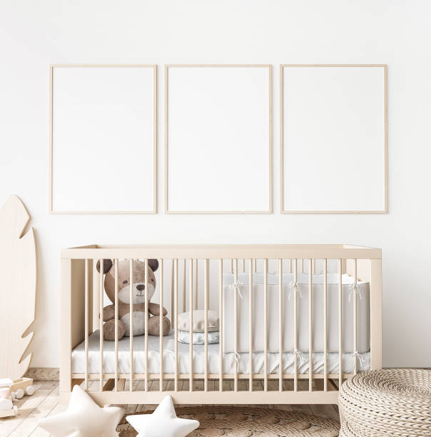 Poster frame mock up in child bedroom, Scandinavian unisex nursery design Poster frame mock up in child bedroom, wooden crib in Scandinavian unisex nursery design nursery bedroom photos stock pictures, royalty-free photos & images