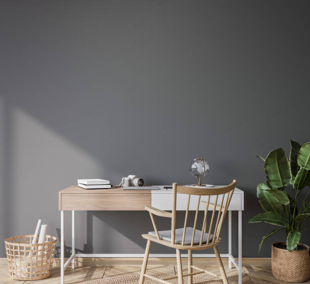 istock mock up frame in bright farmhouse interior background, white wooden office on blue wall 1296311622